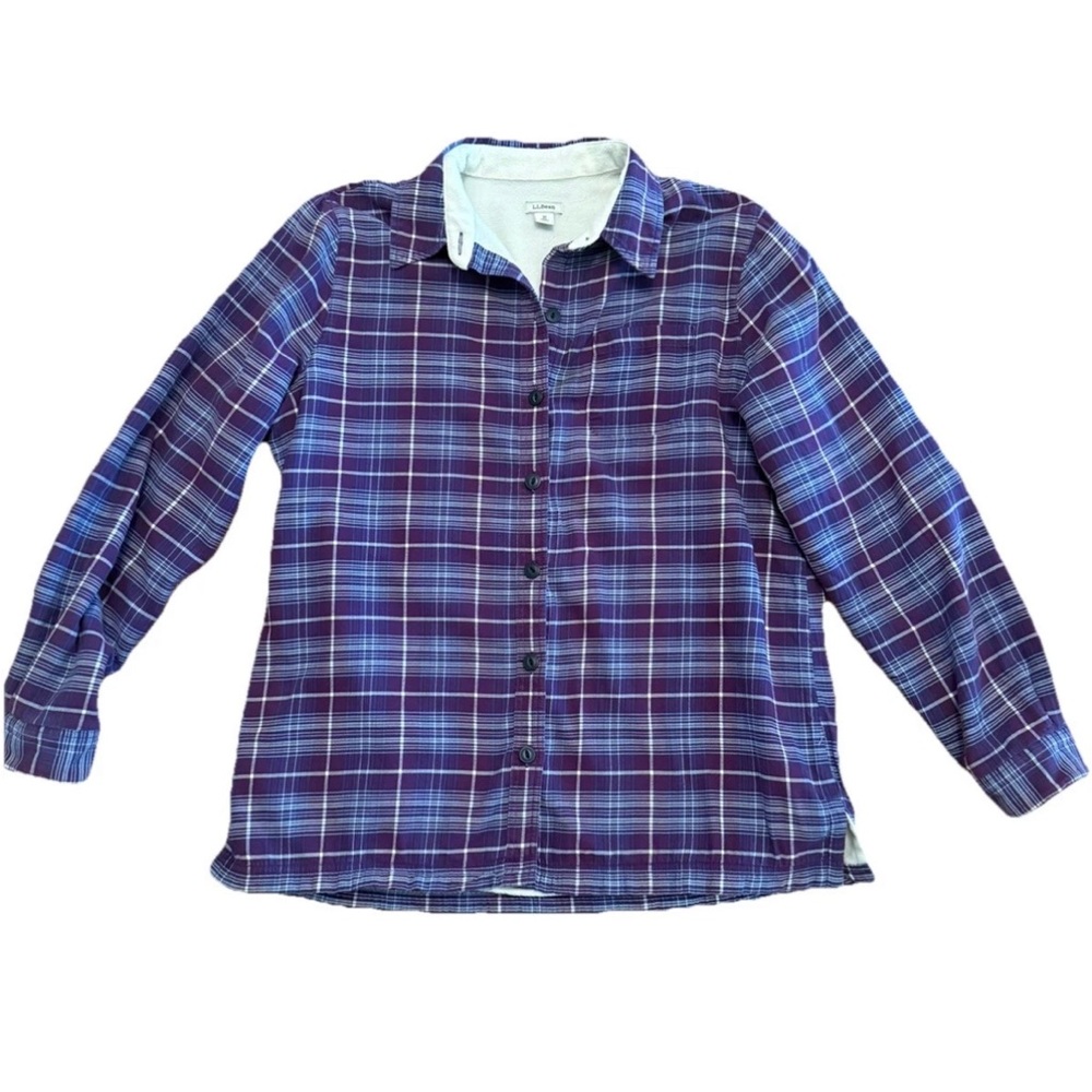 LL Bean Sherpa Lined Flannel Womens Size Med Purple Blue Plaid Cozy Warm Jacket